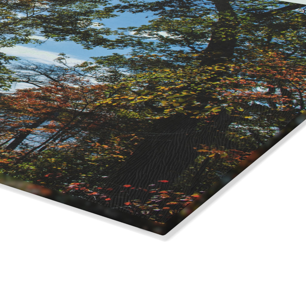 Autumn Lakeside Forest Glass Cutting Board