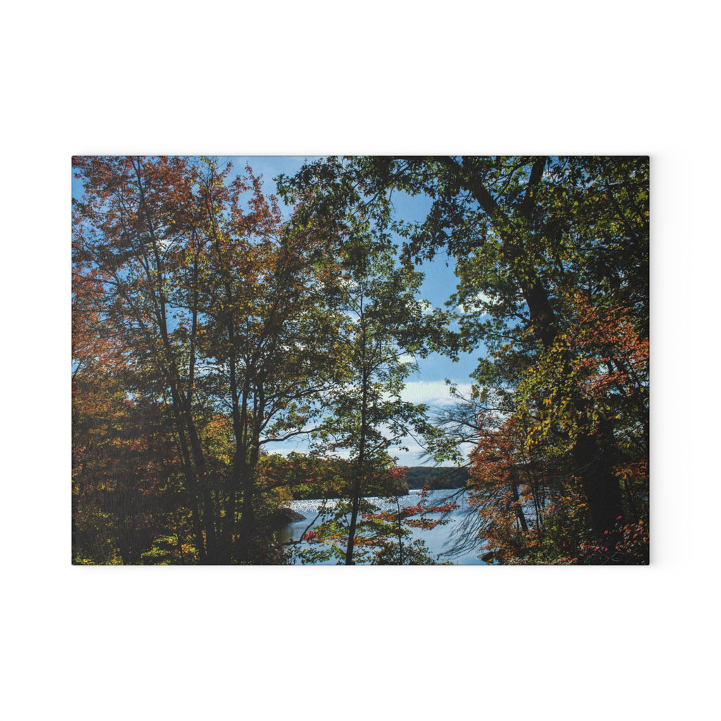Autumn Lakeside Forest Glass Cutting Board