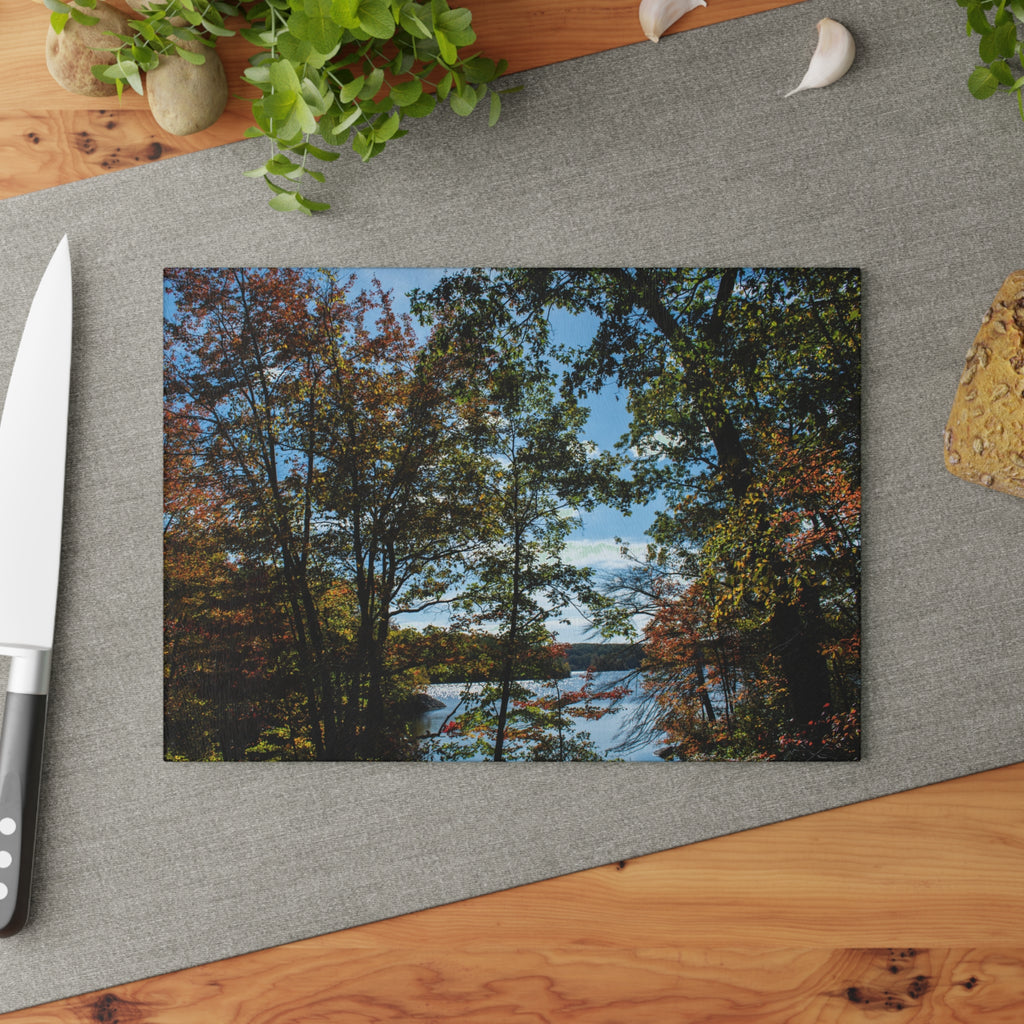 Autumn Lakeside Forest Glass Cutting Board